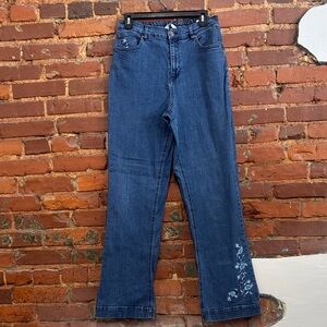 Vintage D&Co Boho‎ Floral Embroidered Blue Flowed High Rise Flare Jeans Size M
